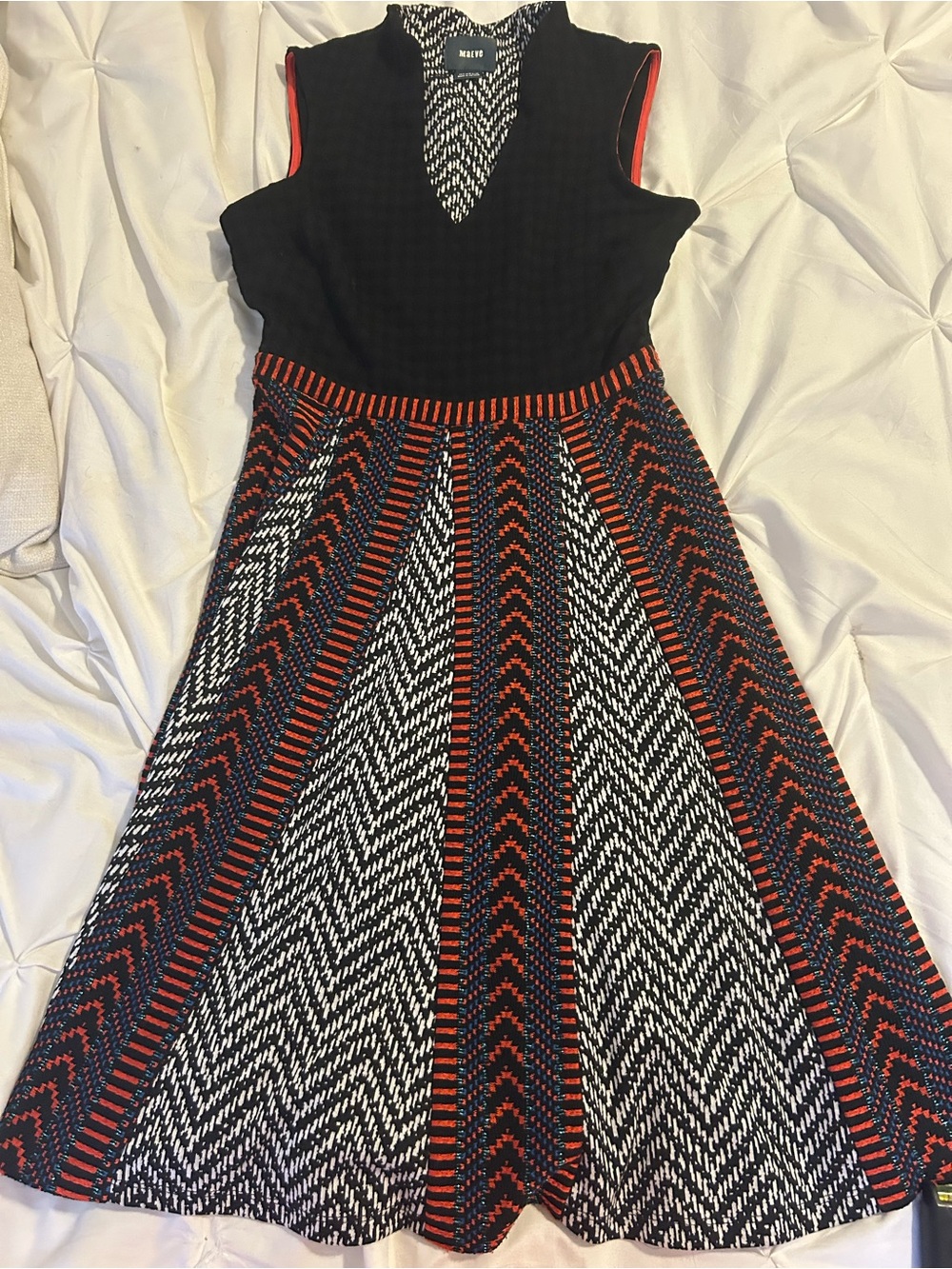 ANTHROPOLOGIE. Mauve Black, White & Red Patterned Midi Fit-and-Flare Dress